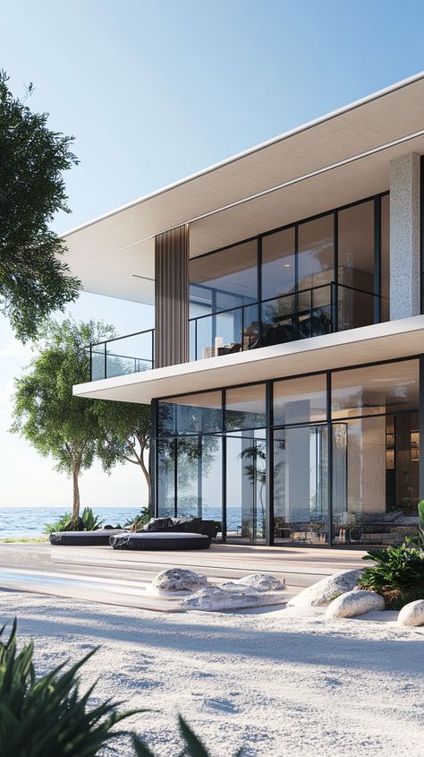 Modern Beachfront House with Floor to Ceiling Windows Facing the Sea Image Modern Beachfront House, Beachfront House, Floor To Ceiling, Floor To Ceiling Windows, Ocean Views, Sea View, Ceiling Windows, Small Apartment, Coastal Living