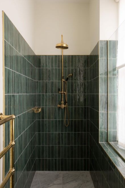 Grand revival | Mandarin Stone Dark Green Tile, Green Tile Bathroom, Mandarin Stone, The Hoxton, Checkerboard Floor, Rectangle Tiles, Indoor Tile, Stone Bathroom, Honed Marble