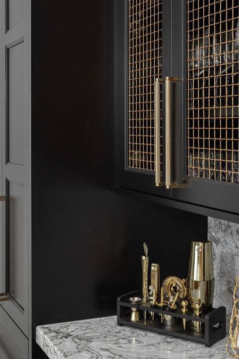 Woven Wire Mesh Cabinet, Chicken Wire Bar Cabinets, Brass Wire Mesh Kitchen Cabinet Doors, Metal Screen Kitchen Cabinets, Wire Front Cabinets, Cabinets With Wire Mesh Doors, Metal Upper Cabinets, Black Reeded Cabinet, Kitchen Cabinets With Metal Mesh