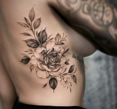 Side Tattoos Women, Purple Tattoos, Stomach Tattoos Women, Rib Tattoos For Women, Tattoos To Cover Scars, Hip Thigh Tattoos, Torso Tattoos, Hip Tattoos Women, Flower Tattoo Shoulder