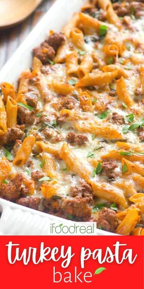 Ground Turkey Pasta Bake is a healthy casserole made with ground turkey meat, whole wheat pasta, kale, and a light sprinkling of bubbly melty cheese. This is an easy restaurant-quality dinner made with kitchen staples! Make Ahead Ground Turkey Recipes, Ground Turkey Pasta Casserole, Ground Turkey Casserole Recipes Easy, What To Do With Ground Turkey, Ground Turkey Mediterranean, Italian Ground Turkey Recipes, Easy Meals With Ground Turkey, Turkey Spaghetti Recipes, Turkey Pasta Casserole