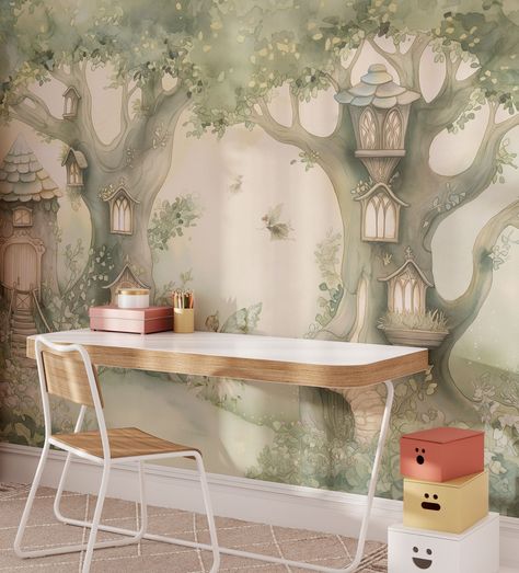 Wallpaper Iphone Fairy, Mushroom House Wallpaper, Forest Fairy Wallpaper, Fairy Wall Mural, Enchanted Forest Wallpaper, Fairy Room, Iphone Wallpaper Ideas, Fairy Wallpaper, Girl Nursery Ideas