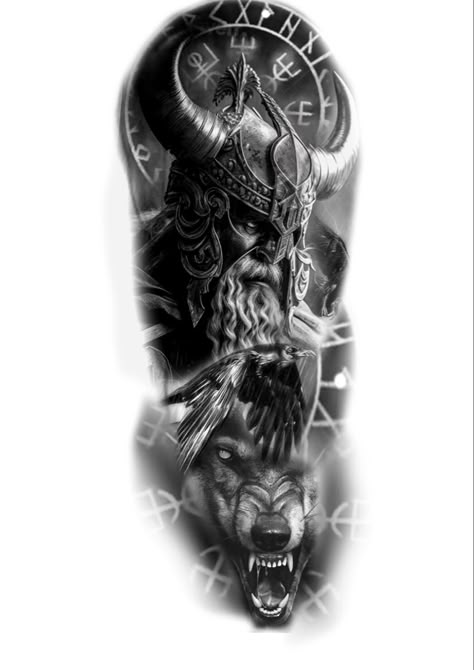 Odins Wolves Tattoo Design, Odin Norse Mythology Tattoo, Vikings Arm Tattoo, Njord God Tattoo, Viking Half Sleeve Tattoo For Men, Viking Sleeve Tattoo Design, Viking Tattoo Sleeve Designs, Viking Tattoo Leg, Sleeve Tattoos Viking