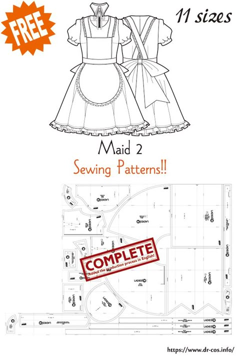 Dress Blueprint Sewing Patterns, Maid Outfit Sewing Pattern, Maid Dress Sewing Pattern, Maid Dress Pattern Free, Alice Dress Pattern, Cosplay Dress Pattern, Cosplay Pattern Free Sewing, Free Cosplay Patterns, Free Patterns Sewing Printable