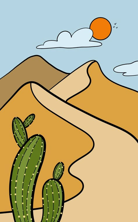 Easy Desert Drawings, Desert Background Drawing, Easy Graphic Design Drawings, Desert Drawing Easy, Easy Desert Painting, Illustration Art For Beginners, Desert Drawing Simple, Ipad Drawing Ideas Easy, Desert Graphic Design