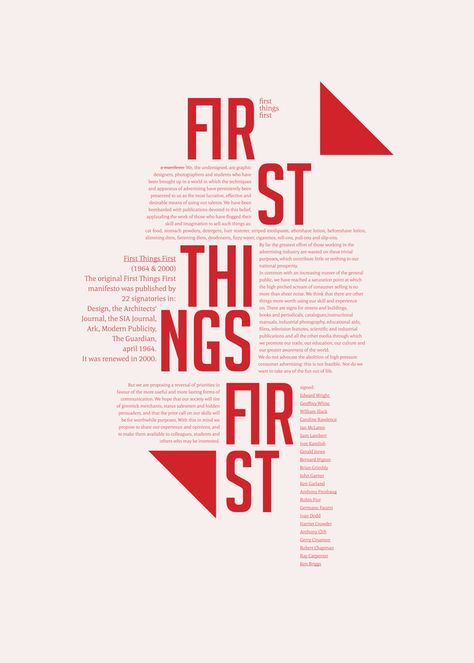 great use of dynamic scale and back and forth rhythmic play with the large type. Unusual way of breaking up words but still totally readable. the 2 triangles point the reader eye to the text and "activate the diagonal." Type First Design, Text Hierarchy Design, Diagonal Graphic Design, Manifesto Design, Typographic Poster Design, Typographic Layout, Mises En Page Design Graphique, Desain Editorial, 타이포그래피 포스터 디자인