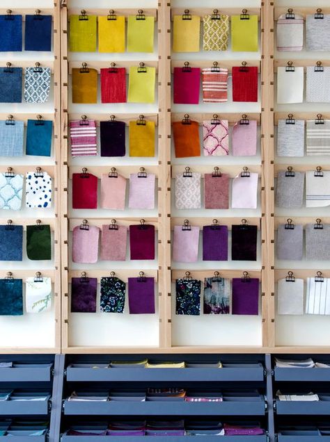 Fabric Sample Display Rack, Textile Retail Store Design, Fabric Display Ideas, Fabric Display Ideas Showroom, Swatch Display, Textile Display, Fabric Swatch Display, Fabric Store Design, Deco Disney