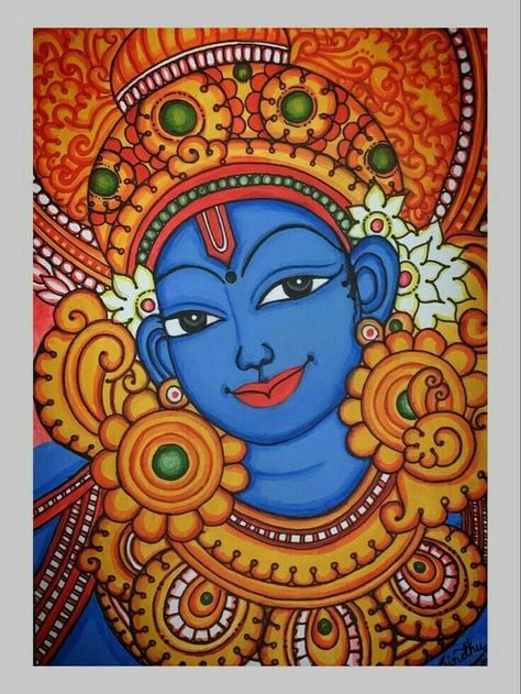 Mural Kerala Paintings, Krishna Kalamkari Painting, Kerala Mural Painting Krishna Simple, Kerala Mural Art Krishna, Pattachitra Paintings Design, Indian Mural Art, Mural Art Indian, Kerela Murals Paintings, Krishna Mural Art