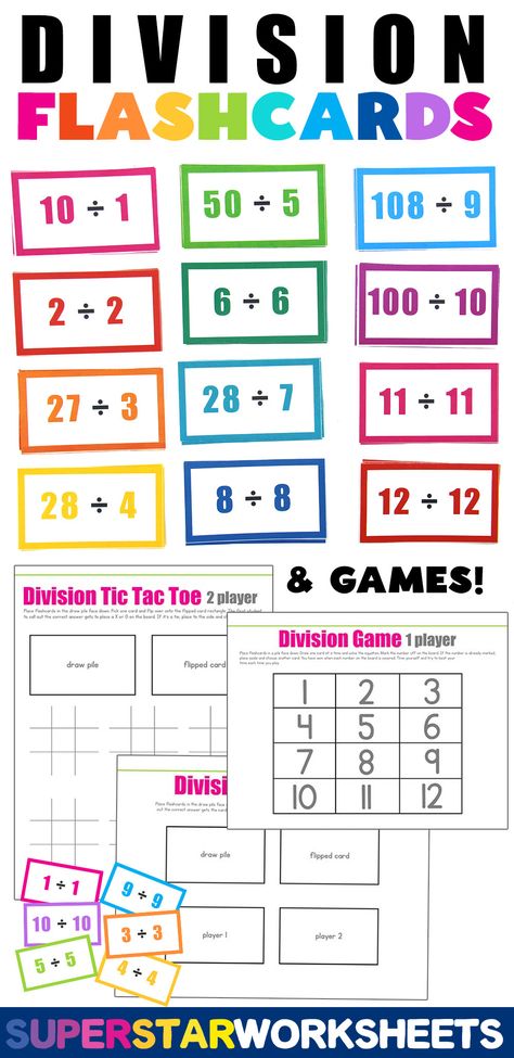 Free colorful division cards for older elementary students! Help your children learn math quickly with these fun-to-use division flashcards and division games. #superstarworksheets #free #printable #division #math #worksheets Division Flashcards Free Printable, Division Flash Cards, Division Math Games, Weather Activities Preschool, Division Math, Division Activities, Division Games, Math Patterns, Learn Math