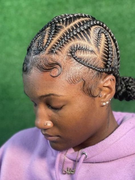 Straight Back Feed In Braids With Design In Bun, Skl Hairstyles, Heart Braids, Cornrow Hairstyle, Braided Ponytails, Stitch Braid, Corn Row, Christmas Hairstyle, Quick Braids