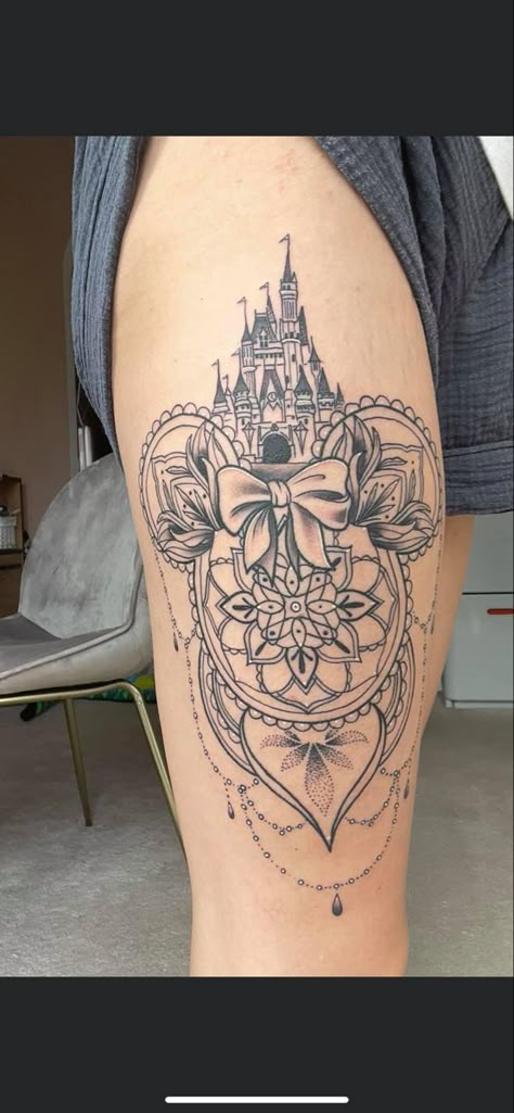 Thigh Disney Tattoo, Disney Thigh Tattoos For Women, Leg Tattoos Women Disney, Disney Sleeve Tattoos For Women, Disney Thigh Tattoo Ideas, Disney Hip Tattoo, Disney Thigh Tattoos Women, Disney Arm Sleeve Tattoos For Women, Disney Spine Tattoo