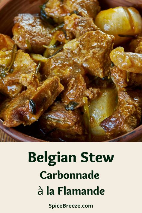 Dating back to the Flemish region of Belgium in the 18th century, you can find La Carbonnade à la Flamande (“Flemish roasted meat”) all over Belgium today. Every region has a special take on this recipe that gets passed down to every generation. The Belgians take pride in this rich beef and onion stew dish's trademark taste that comes from mustard, thyme, bay leaves, and most importantly, beer. #belgianfood #beefstew #recipe #traditional #beefonionstew Flemish Recipes, Belgian Dinner Recipes, Belgium Recipes, Belgian Recipes, Beef Bergeron Recipe, Flemish Stew Belgium, Flemish Beef Stew, Food In Belgium, Belgian Beef Stew