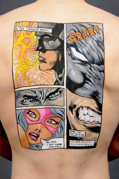 Badass Comic Book Tattoos | Inked Magazine Comic Book Tattoo, Scene Tattoo, Comic Tattoo, Batman Tattoo, Inked Magazine, 3d Tattoo, Book Tattoo, Cartoon Tattoos, Best Tattoo Designs