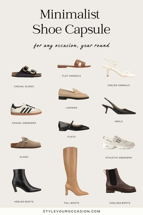 Perfect Year-Round Minimalist Shoe Capsule Neutral Casual Outfits, Shoe Capsule Wardrobe, Chelsea Boots With Jeans, Essential Shoes For Women, Chelsea Boots High, Closet Capsule Wardrobe, Shoe Capsule, Capsule Wardrobe Shoes, Capsule Wardrobe Tips