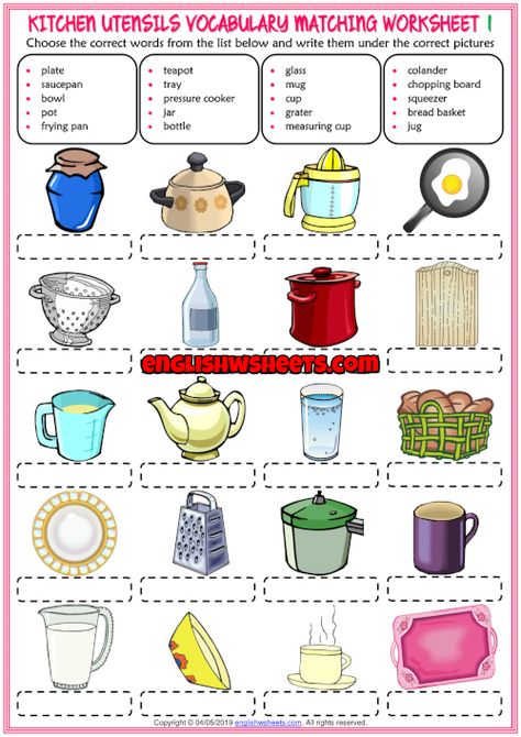 Kitchen Utensils ESL Matching Exercise Worksheets For Kids Kitchen Utensils Worksheet, Test For Kids, Vocabulary Exercises, Matching Worksheets, Esl Vocabulary, Kids Knitting Patterns, Dramatic Play Preschool, Kids Worksheets Printables, Learning Cards