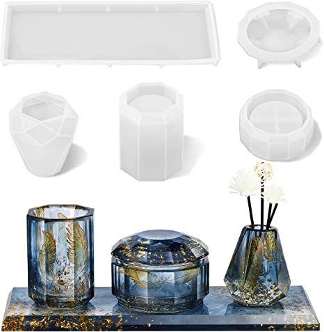 AmazonSmile: ISSEVE 4Pcs Resin Molds for Bathroom Accessories Set, Silicone Molds for Resin Casting - Toothbrush Holder Cup & Diffuser Bottle Mold, Tray Mold & Jar Mold with Lid Kit for Countertop Vanity Organizer : Arts, Crafts & Sewing Resin Bathroom Accessories, Mirror Resin, Silicone Molds For Resin, Centerpieces Table, Bottle Tray, Resin Candle, Molds For Resin, Round Candle, Candle Diy