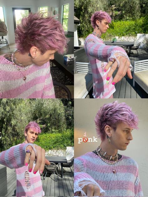 Men’s Fashion Color Hair, Mens Split Dyed Hair, Pink Mullet Men, Male Colored Hair, Men’s Colored Hair, Mgk Pink Hair, Guys With Colored Hair, Pink Hair Men, Mgk Jewelry