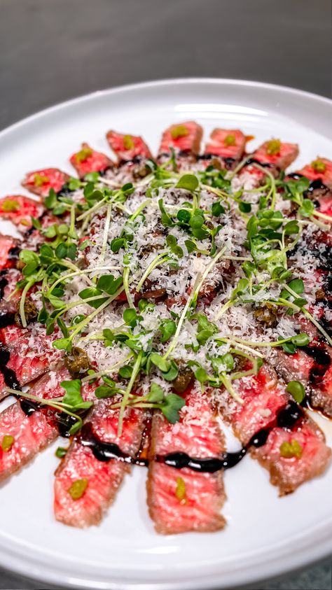 A5 Wagyu Beef Carpaccio | W2 Recipes | Restaurant Quality Recipes At Home Beef Carpaccio Recipe, Wagyu Recipes, Wagyu Beef Recipe, Christmas Beef, Carpaccio Recipe, Fried Capers, Steak Dinner Recipes, A5 Wagyu, Beef Carpaccio