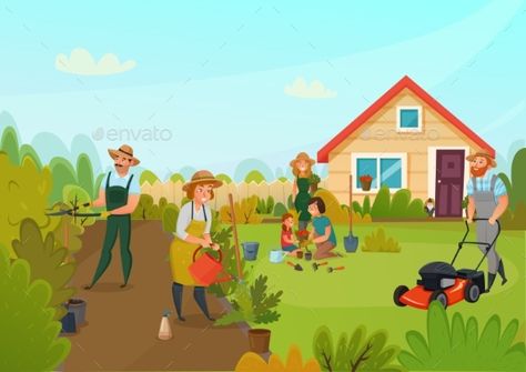 Gardening colored cartoon composition men and women are busy cleaning the garden vector illustration. Editable EPS and Render in J Gardening Cartoon, Garden Cartoon, Cartoon Composition, Cartoon Garden, Garden Drawing, Child Art, Fruit Photography, Spring Landscape, Family Illustration