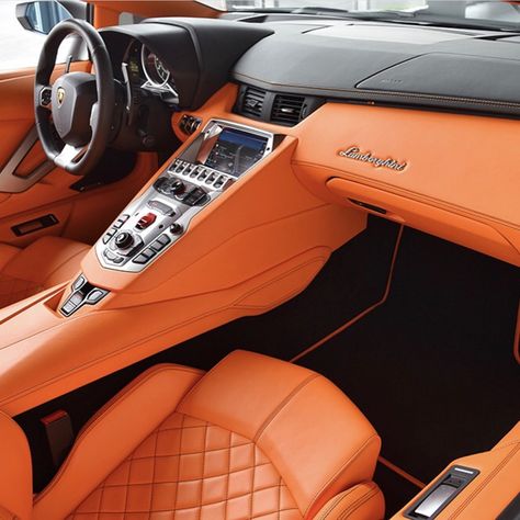 An Orange leather interior from a Lamborghini Aventador painted in Grigio Adamas   Photo taken by: @tedskillet on Instagram (He is also the owner of the car) Lamborghini Aventador Orange, Orange Car Interior Aesthetic, Orange Lamborghini Aesthetic, Orange Car Decor, Orange Car Aesthetic, Orange Car Interior, Car Interior Seats, Whiskey Aesthetic, Lambo Truck