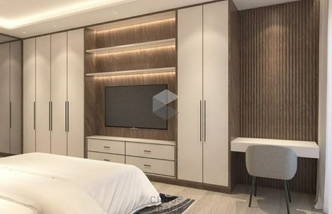 Bedroom Tv And Wardrobe, Built In Wardrobe And Tv Unit, Wall Closet With Tv, Wardrobe With Tv Unit, Tv Closet, Guess Bedroom, Wall Wardrobe Design, Bedroom Built In Wardrobe, House Wall Design