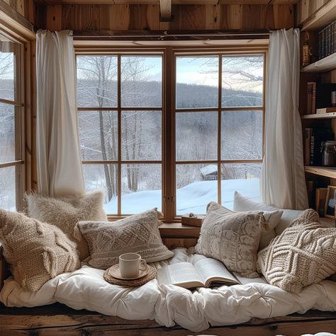 Cozy Reading Nook: A tranquil reading nook with plush pillows, a warm cup, and snowy mountain view beckon relaxation. #cozy #reading #nook #pillows #cup #snowy #mountains #window #aiart #aiphoto #stockcake https://ayr.app/l/Q4Q7 Reading Nook With A View, Book Reading Nook Window Seats, Book Nook With Window, Window Nook Ideas, Bay Window Bed, Cozy Window Seat Aesthetic, Cozy Reading Nook Throw Pillows, Window Seat Decor, Cozy Window Seat