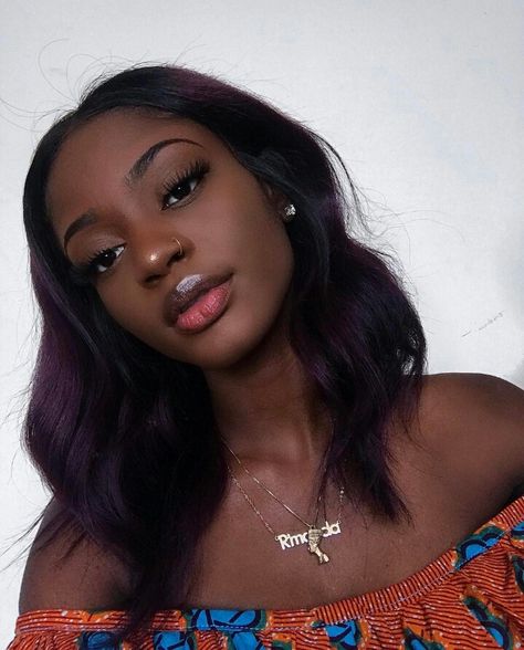 Beautiful Brown Girls Purple Hair On Dark Skin, Dark Purple Wig, Eggplant Colored Hair, Eggplant Hair, Hair Color For Dark Skin, Makeup Jobs, Plum Hair, Purple Wig, Brown Girl