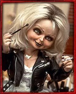 Tiffany (from Bride of Chucky, 1998). Portrayed & Voiced by Jennifer Tilly Evil Costume Ideas, Chucky Dress, Dark Plum Lipstick, Evil Costume, Bride Of Chucky Makeup, Chucky Makeup, Tiffany Bride Of Chucky, Chucky Tattoo, Tiffany Bride