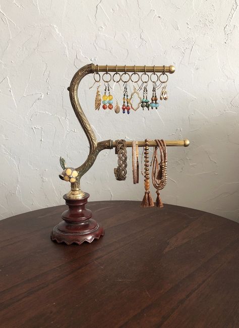 Jewelry organizer earring display repurposed vintage bracelet holder ring holder Jewelry Organizer Vintage, Vintage Jewelry Holder, Groovy Decor, Retail Jewelry Display, Jewelry Shelf, Vintage Jewelry Display, Vanity Display, Jewelery Organizer, Ring Tree