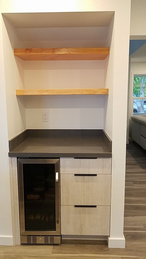 Under Stair Coffee Station, Under Stairs Beverage Bar, Under Stairs Appliance Storage, Basement Wet Bar Under Stairs, Under Stairs Snack Bar, Coffee Bar Closet Built Ins, Under Stairs Wine Bar, Under The Stairs Coffee Bar, Dry Bar Under Stairs