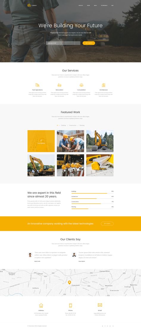 Cobuild - Construction Landing Page PSD Template Preview - ThemeForest Construction Landing Page, Construction Website Templates, Ui Design Mobile, Landing Page Inspiration, Health Clinic, One Page Website, Construction Logo, Website Design Layout, Template Site