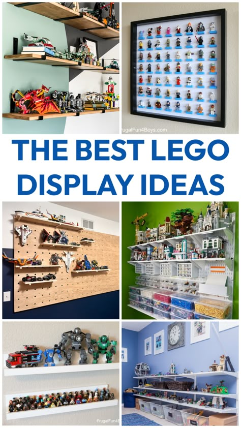 Best Lego Display Ideas, Lego Shelving Display, Cool Lego Display Ideas, Shelving For Lego Display, Display Legos On Wall, Display Shelves For Legos, Shelving In Boys Bedroom, Lego Storage Kids Room, Lego Storage Room Ideas