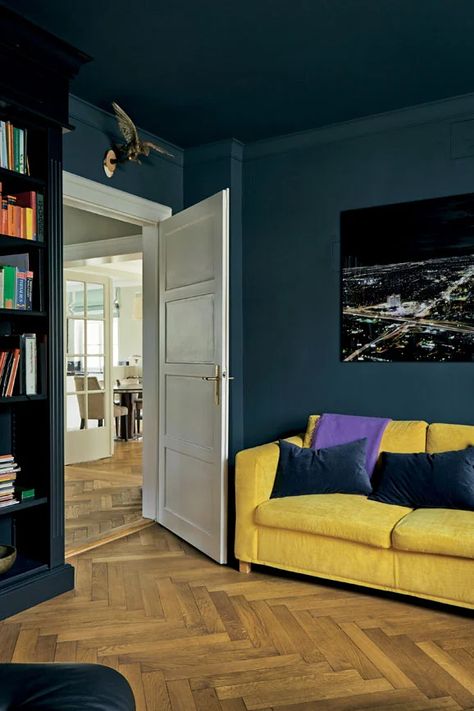 Blue Farrow And Ball Bedroom, Living Room Dark Walls, Blue Walls And Ceiling, Hague Blue Kitchen, Farrow And Ball Stiffkey Blue, Dark Walls Living Room, Blue Bedroom Colors, Most Popular Paint Colors, Living Room Dark