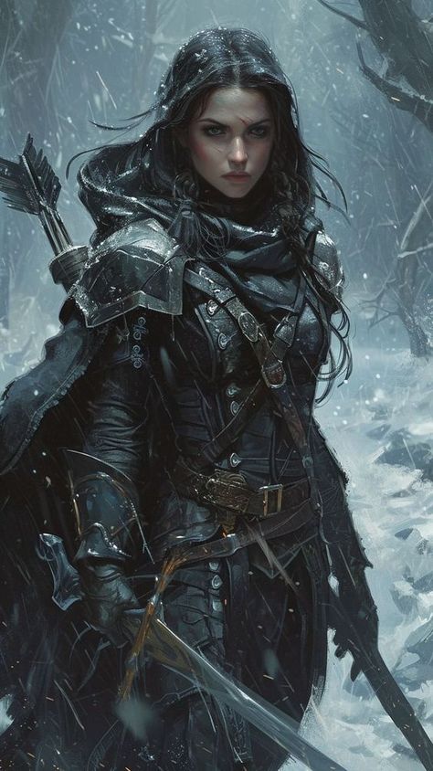 Female Ranger Outfit, Female Witcher Oc, Black Armor Female, Dnd Fighter Female, Female Fighter Dnd, Female Rogue Art, Warrior Female Art, Women Assassin, Female Assassin Art