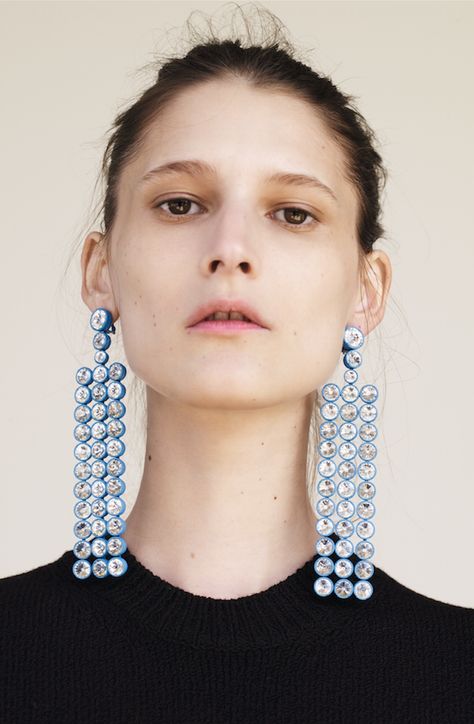 Céline Resort 2015 lookbook. Celine Earrings, Horn Pendant Necklace, Horn Pendant, Moon Pendant Necklace, Swarovski Necklace, Rhinestone Designs, Big Earrings, Soft Grunge, Crystal Necklace Pendant