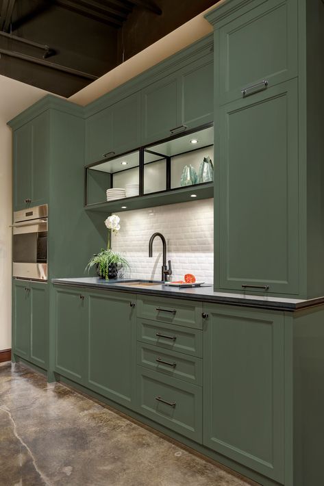 Pick Any Color from Sherwin-Williams for Your Cabinetry | Bentwood Luxury Kitchens Vogue Green Cabinets, Dried Thyme Kitchen Cabinets, Vogue Green Sherwin Williams, Green Sherwin Williams, Vogue Green, Dutch Tiles, Elegant Doors, Unique Hardware, Green Kitchen Cabinets