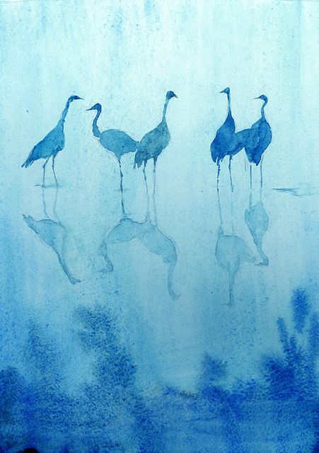 Such a beautiful monochromatic watercolor of cranes. The simplicity really appeals to me. It was created by a French watercolorist - that's all I could find. If anyone knows more, let me know! Monochromatic Watercolor, Monochromatic Painting, Photo Bleu, Monochromatic Art, Birds Nest, Herons, Blue Birds, The Mist, Watercolor Inspiration