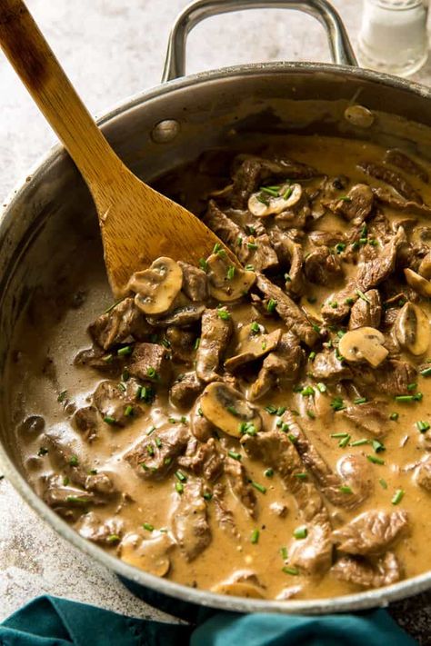 Beef Stroganoff - Rich, Creamy, Delicious! | Valerie's Kitchen Original Beef Stroganoff Recipe, Beef Poster, Classic Beef Stroganoff Recipe, Recipe For Beef Stroganoff, Stroganoff Beef, Best Beef Stroganoff, Beef Stroganoff Recipe, Beef Stroganoff Easy, Beef Strips