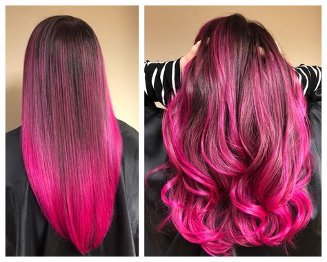 Shadow root with pink ombré hair Brown To Magenta Ombre Hair, Brown To Hot Pink Ombre Hair, Pink Hair Shadow Root, Dark Vivid Hair Color, Red To Pink Ombre Hair, Pink Hair With Shadow Root, Pink Hair Dark Roots, Party Tips And Tricks, Dark Pink Hair