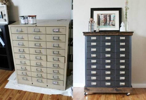 Filing Cabinet Makeover, Cabinet Makeover Diy, File Cabinet Makeover, Metal Storage Cabinets, Metal Filing Cabinet, Village Shop, Vintage Industrial Decor, Refinishing Cabinets, Furniture Update