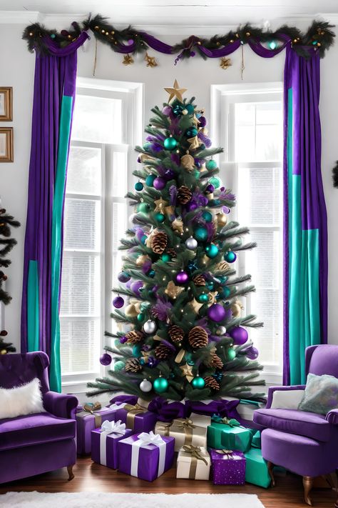 Christmas Decor Ideas Purple, Purple Room Decorations, Purple Christmas Decor, Christmas Tree Purple, Teal Christmas Decorations, Purple Christmas Tree Decorations, Ombre Christmas Tree, Teal Christmas Tree, Christmas Tree Colorful