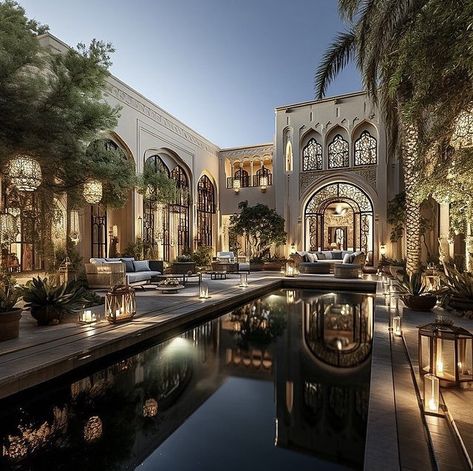 Artifical Intelligent, Moroccan Resort, Arc Interior, Arabian Architecture, Luxury Mediterranean Homes, African Architecture, Exterior Facade, Courtyard Pool, Luxurious Homes