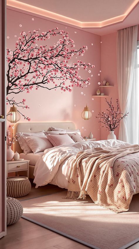 Pink Bedroom Ideas Cherry Blossom Themed Bedroom, Pink And White Bedroom Aesthetic, Pink Rooms Ideas, Cherry Blossom Room Decor, Asian Room Decor, Sakura Room, Pretty Pink Bedroom, Cherry Blossom Mural, Cherry Blossom Room