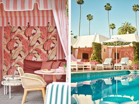 The Cabanas at the Beverly Hills Hotel Receive a Retro-Glam Makeover Beverly Hills Hotel Aesthetic, Hotel Aesthetic, Colorful Terrazzo, Charleston Hotels, Pool Cabanas, The Beverly Hills Hotel, Banana Leaf Wallpaper, Pink Banana, Pink Palace