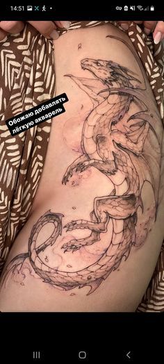 Dragon Tattoos Woman, Dragon Tattoo Women Thigh, Wyvern Tattoo Thigh, Womens Dragon Sleeve Tattoo, Illustrative Dragon Tattoo, Hip Dragon Tattoo For Women, Thigh To Hip Tattoos Women, Spooky Spine Tattoos For Women, Tattoo For Thigh For Women