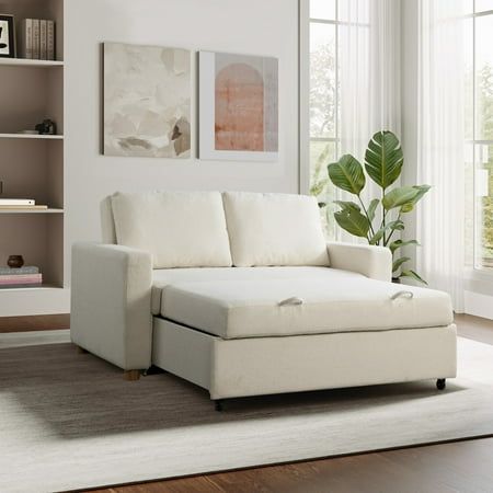 Make the most of your space with the Serta Tennyson Convertible Sofa. This multi-functional piece serves as a sofa, lounger, or bed depending on your needs. Its high-density foam cushions are packed with pocket coils that support you 24/7, and the backrest pillow provides extra comfort and convenience. The durability of the Tennysons wooden legs, solid hardwood frame, and soft ivory boucle fabric upholstery ensure that this convertible sofa is here to stay. Color: White. Sofa Bed Guest Room, Sofa Lounger, Pull Out Couch, Convertible Sofa Bed, Inspire Me Home Decor, The Trinity, Convertible Sofa, Boucle Fabric, Living Room Furniture Sofas