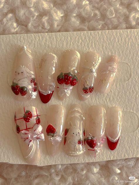 Nail Ideas Sanrio, Sanrio Christmas Nails, Sanrio Bunny, Nails Sanrio, Coquette Nail, Sanrio Nails, Nails Coquette, Nails Sparkly, Fake Nails Designs