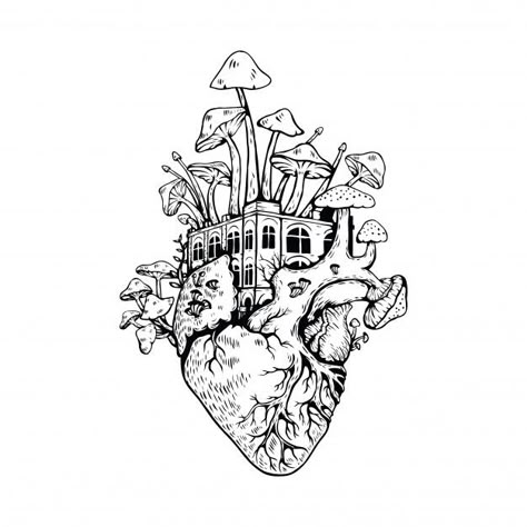 Illustration anatomical heart with mushrooms Premium Vector Heart With Mushrooms Drawing, Mushroom Heart Tattoo, Heart Illustration Art, Anatomical Heart Illustration, Anatomical Heart Art, Sketchbook Assignments, Anatomical Heart Tattoo, Guitar Illustration, Mushroom Tattoos