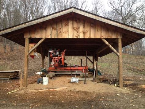 Sawmill Shed Ideas, Tractor Shed Ideas, Sawmill Shed, Sawmill Projects, Sawmill Lumber, Eco Cottage, Bandsaw Mill, Lumber Mill, Wood Mill