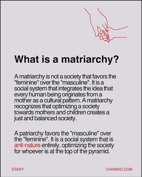 Repost from @chixmag • Feminists have always been united about dismantling the patriarchy. But what will take its place? For most of human history, we lived in peaceful matriarchal societies. This isn’t some radical fantasy - it’s our legacy to reclaim. Learn about humanity’s long history of matriarchy, how patriarchy emerged, and why matriarchy is the path to healing and liberation at chixmag.com 🌀 🔗 in bio! Matriarchy Aesthetic, Matriarchal Society, Feminist Rage, Hex The Patriarchy, Baddie Advice, Sustainability Education, Cultural Patterns, Communal Living, Chill Mood